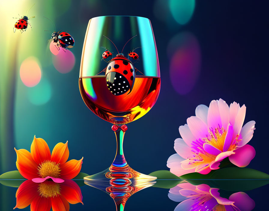 Colorful Wine Glass Digital Illustration with Ladybugs and Flowers