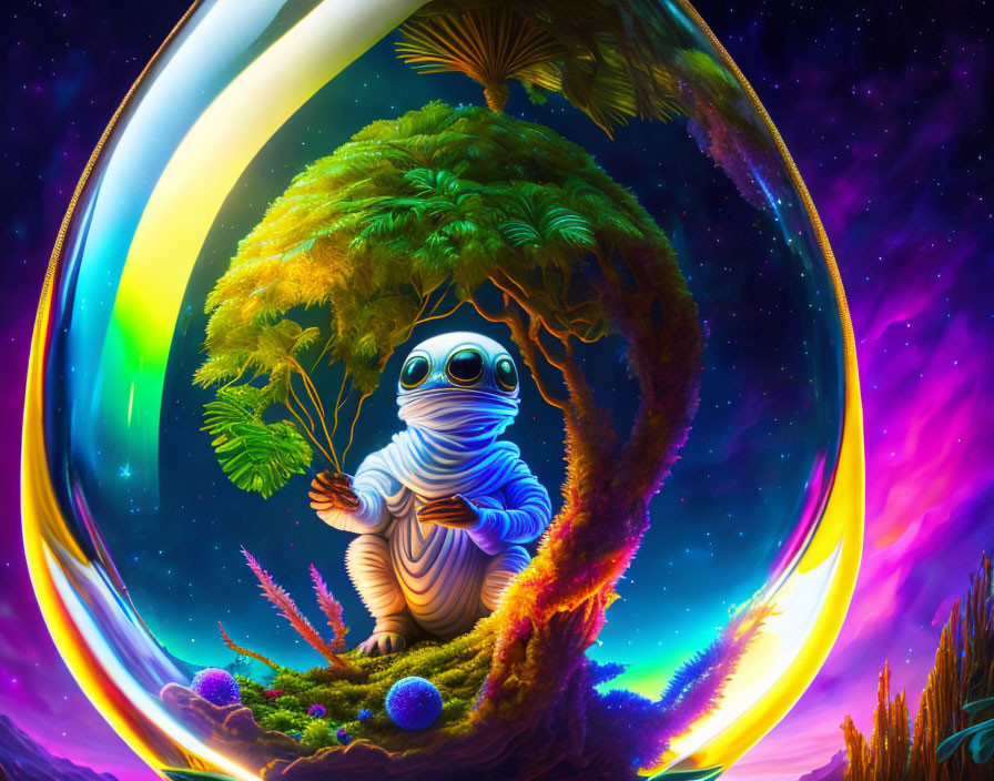 Colorful digital artwork of alien with plant in bubble amidst cosmic scenery