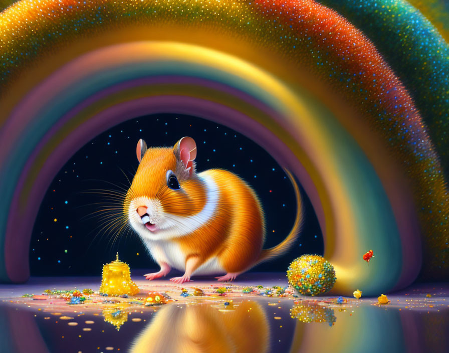 Colorful Hamster Fantasy Illustration with Rainbow Arc and Stars