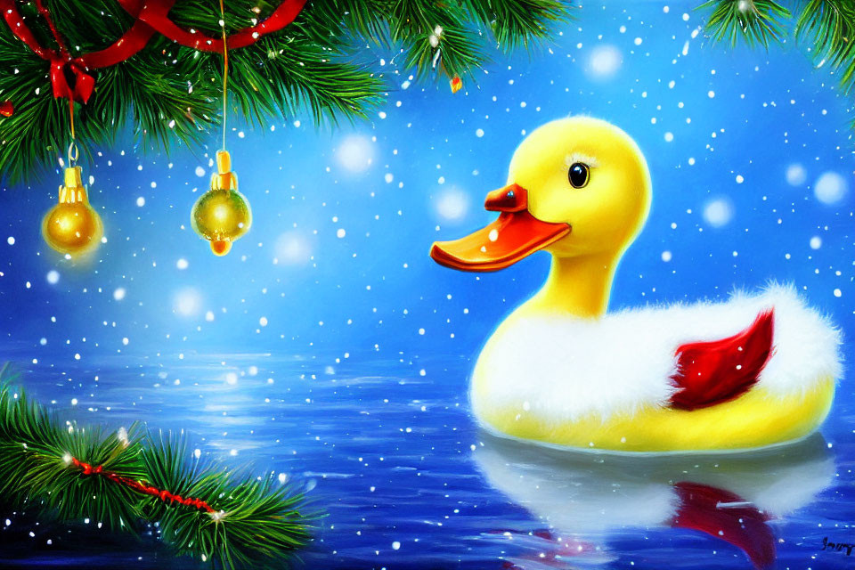 Colorful Illustration: Yellow Rubber Duck with Red Scarf in Snowy Christmas Scene