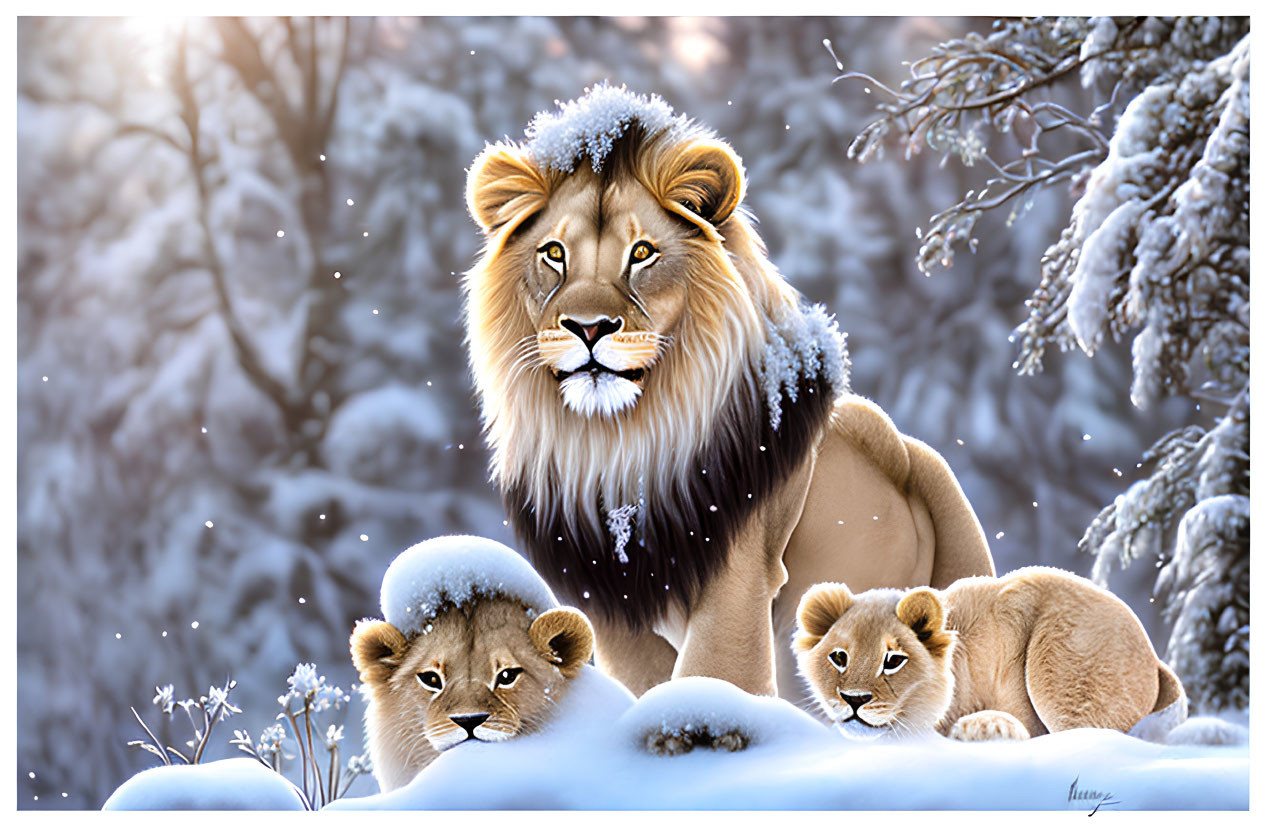 Majestic lion with thick mane in snowy forest with two cubs