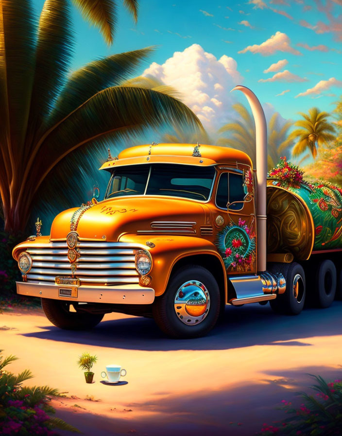 Yellow Decorated Truck in Tropical Setting with Palm Trees and Coffee Cup