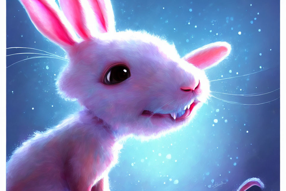 White Rabbit Illustration with Pink Ears on Blue Background