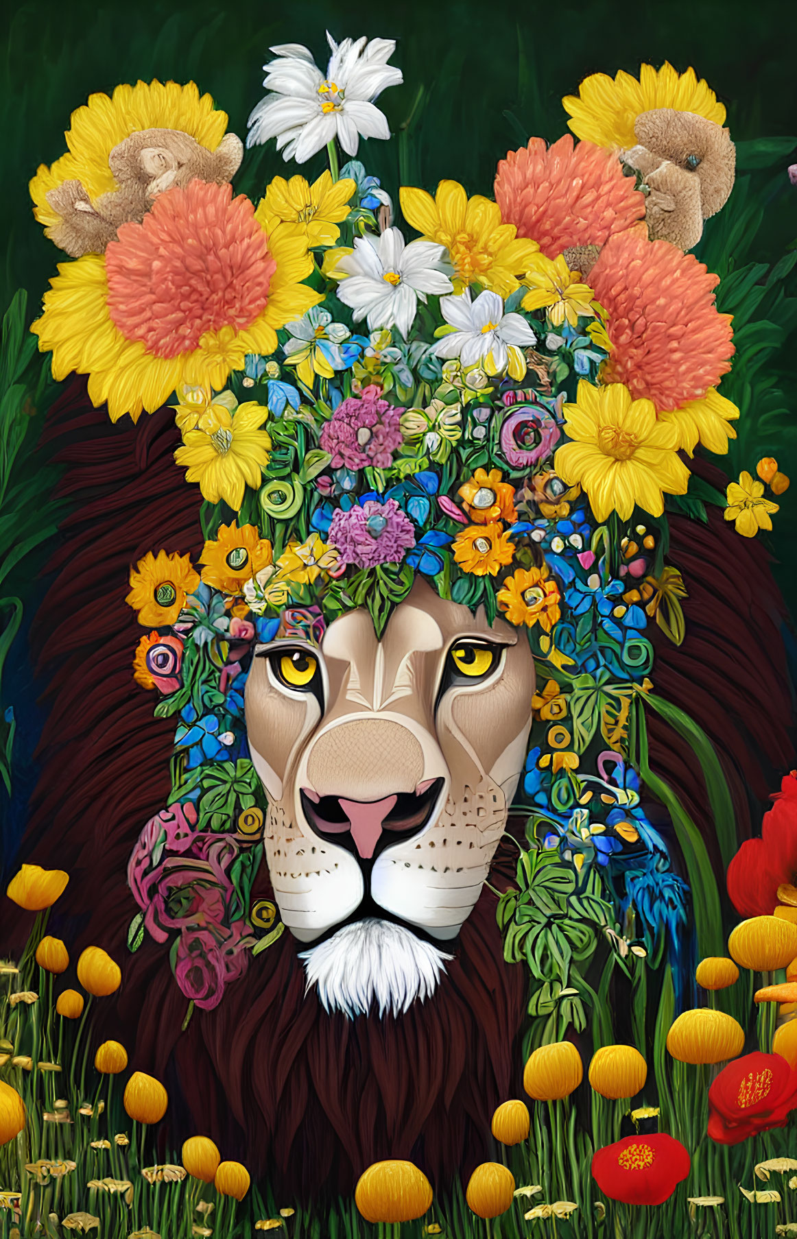 Colorful flower mane lion illustration on green foliage background