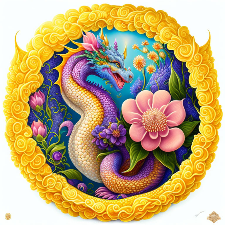 Colorful Mythical Dragon Artwork with Ornate Floral Border