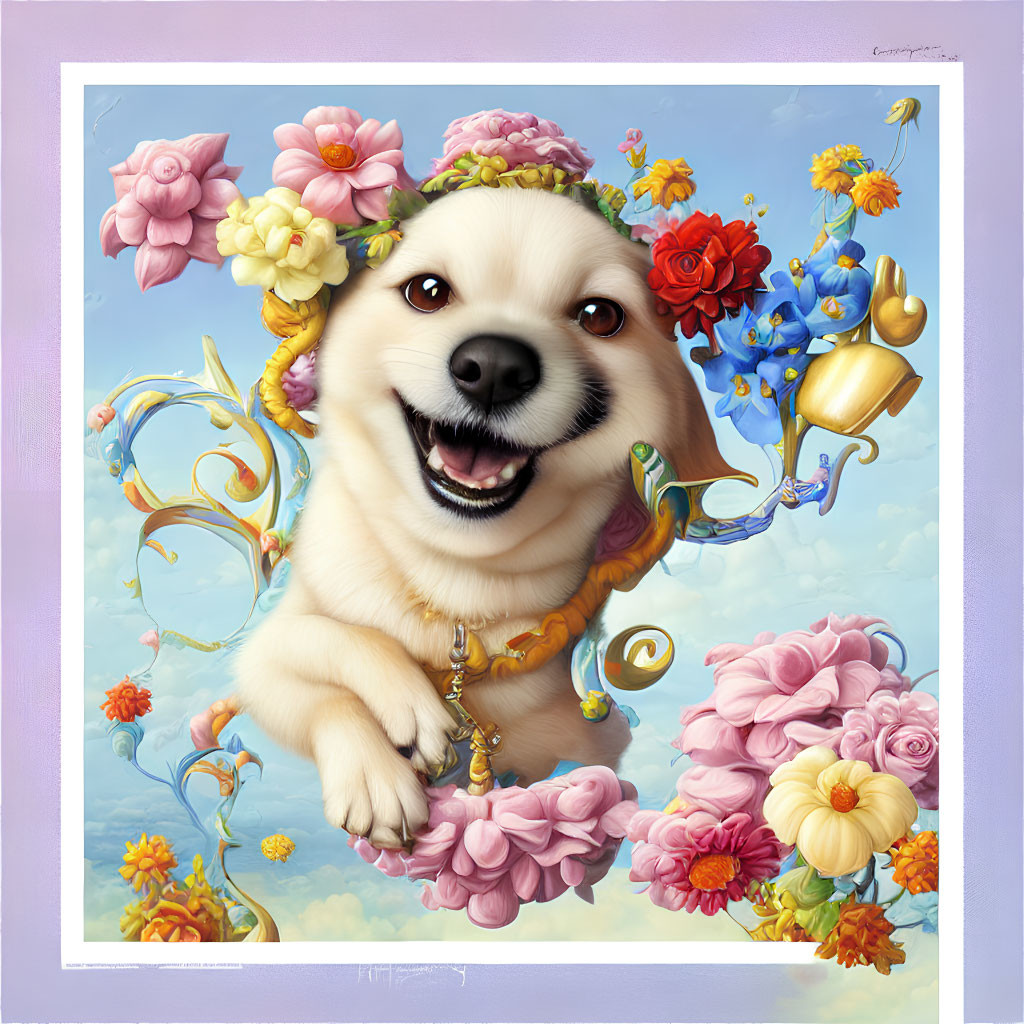 Cheerful dog with floral wreath in ornate golden frame surrounded by vibrant flowers