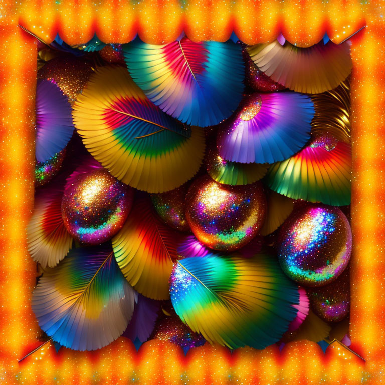 Vibrant digital artwork: Glittery spheres on orange background