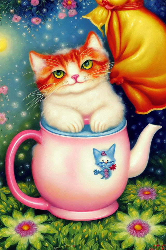 Whimsical painting of orange and white cat in pink teapot with blue mouse and flowers