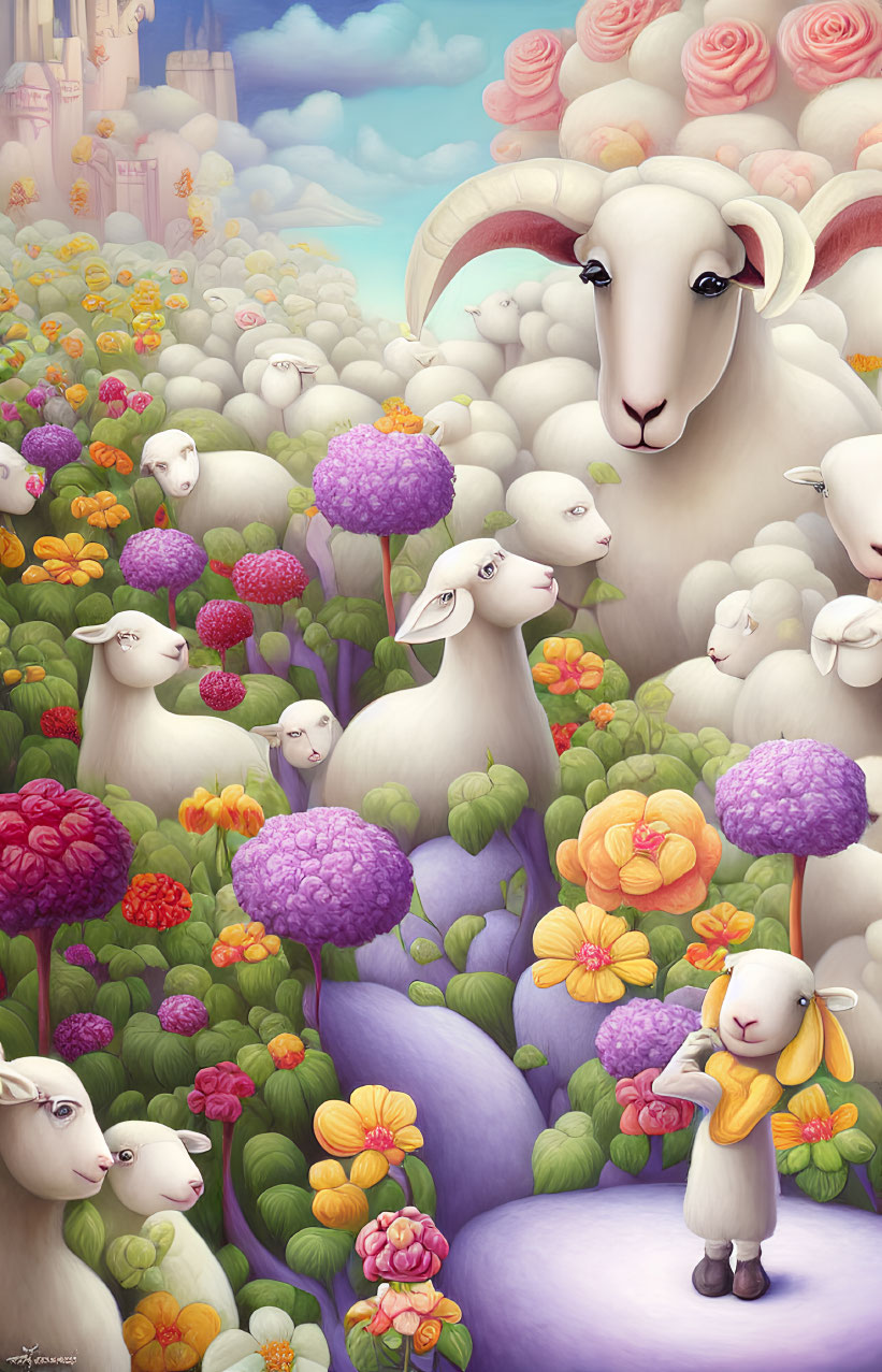 Colorful Sheep and Floral Blooms in Dreamy Sky with Castles