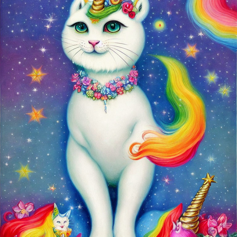 Colorful White Cat with Unicorn Horn and Flower Necklace Among Stars