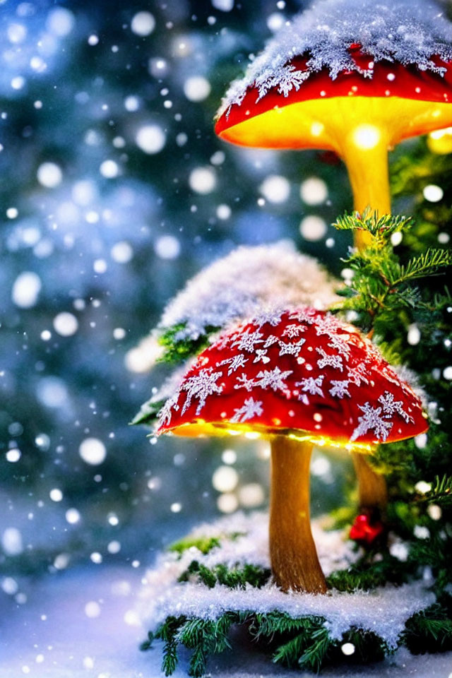 Red Mushrooms with Yellow Undersides in Snowy Forest Scene