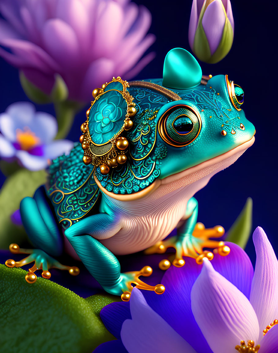 Colorful Frog with Golden and Turquoise Jewelry Among Flowers