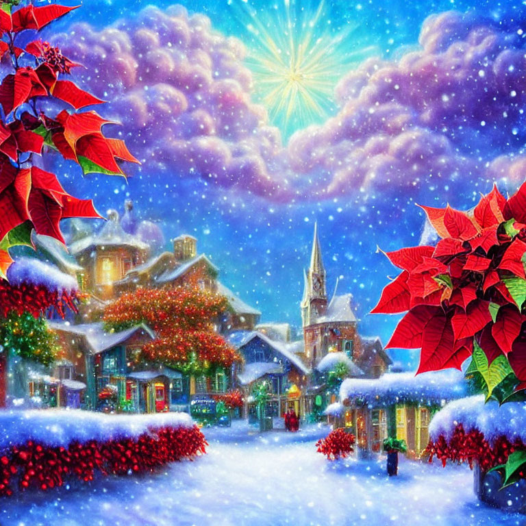 Snow-covered village with decorated houses and poinsettias under starry night sky