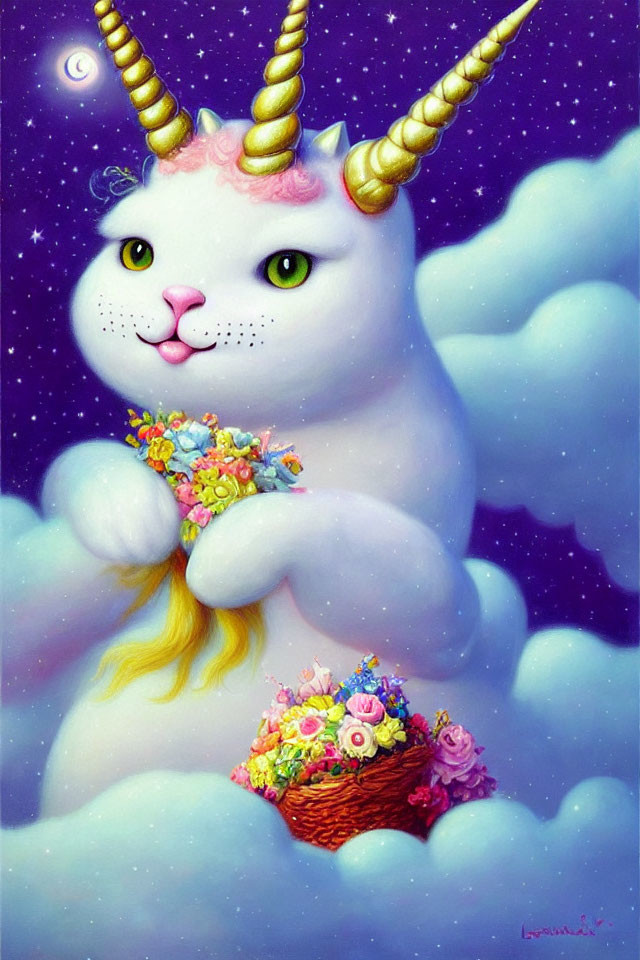 Whimsical painting of white cat with unicorn horns on clouds against starry night sky