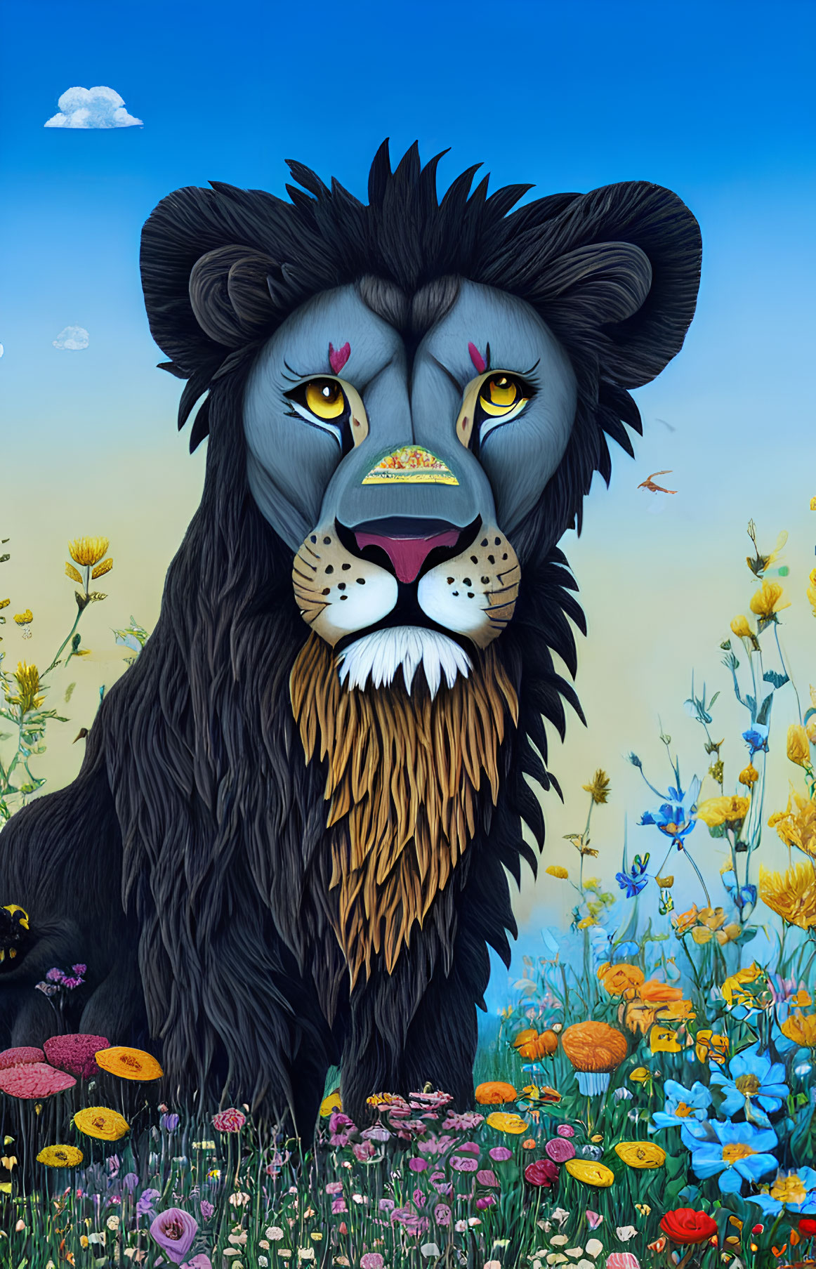 Vibrant lion illustration in colorful floral field under blue sky