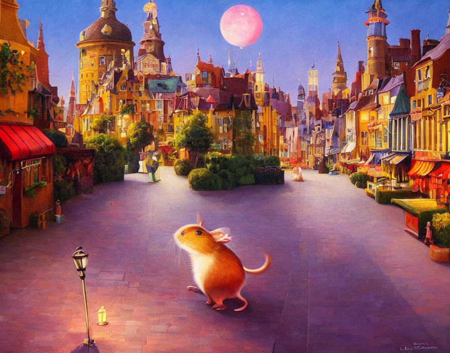 Anthropomorphic mouse in colorful city square with pink moon