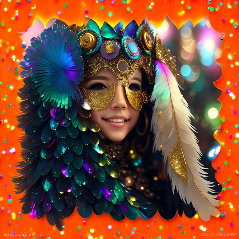 Colorful Smiling Person with Ornate Feathered Headdress