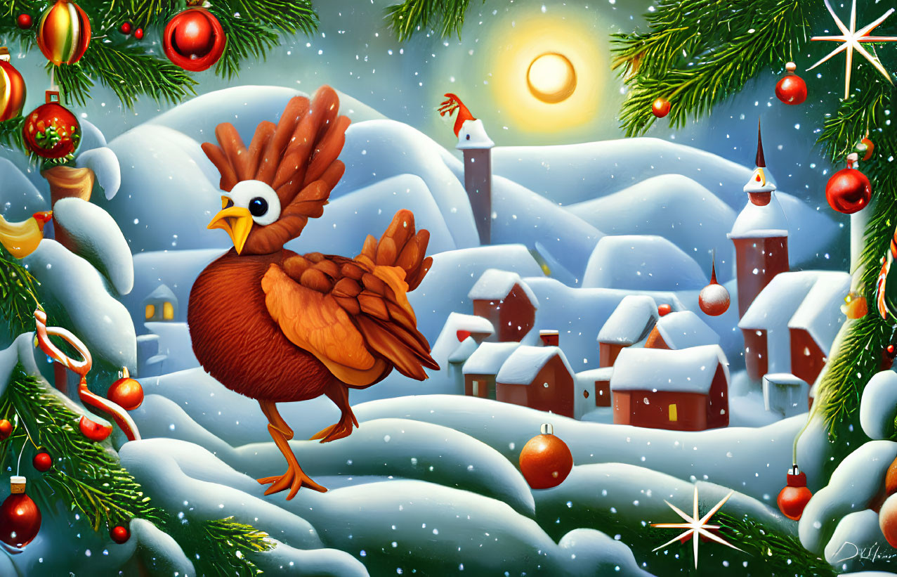 Festive winter rooster in Christmas landscape with snow-covered scenery