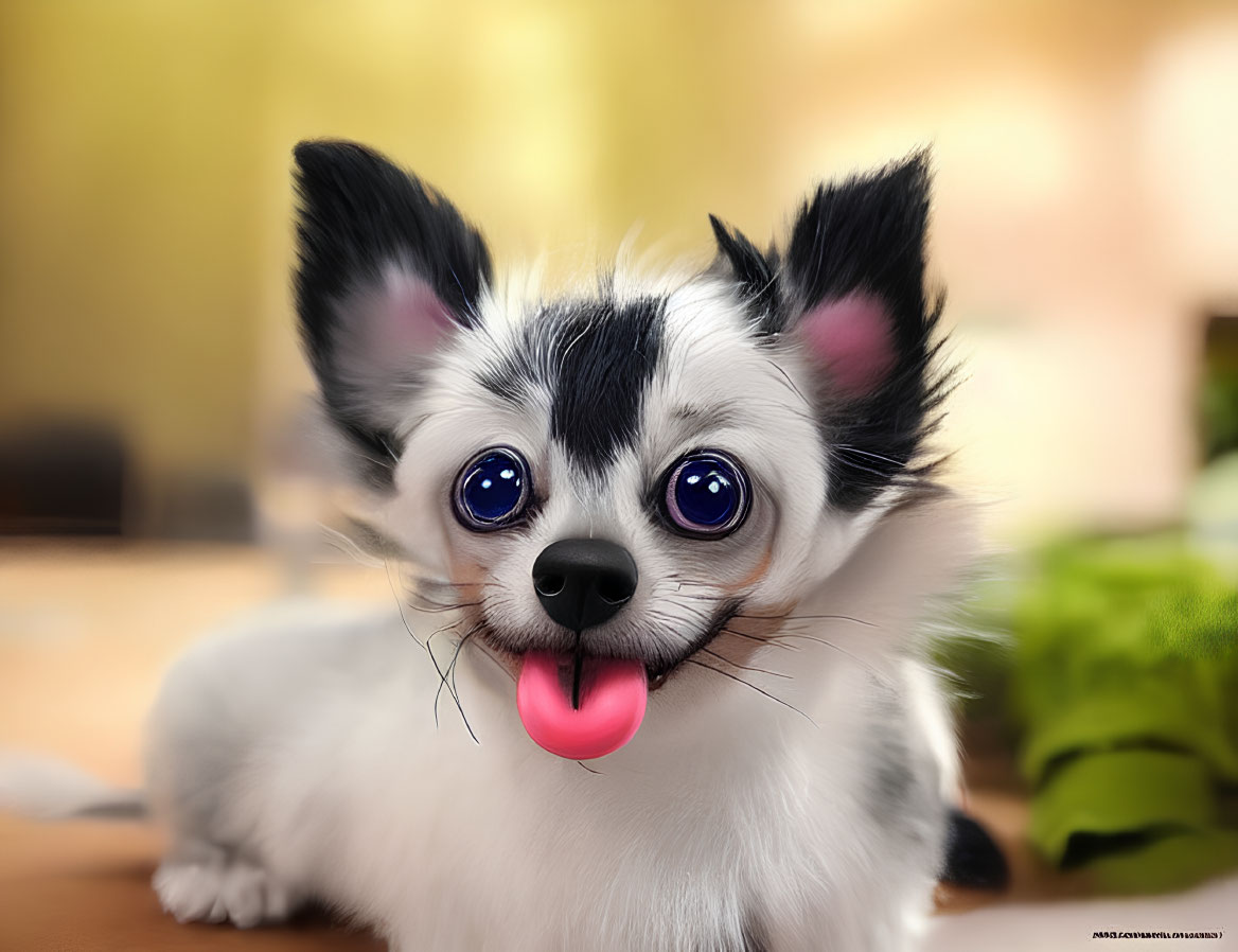 Fluffy small dog with large blue eyes in playful pose indoors