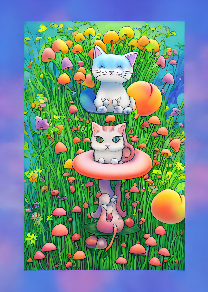 Colorful Cartoon Cats on Mushrooms in Fantasy Forest