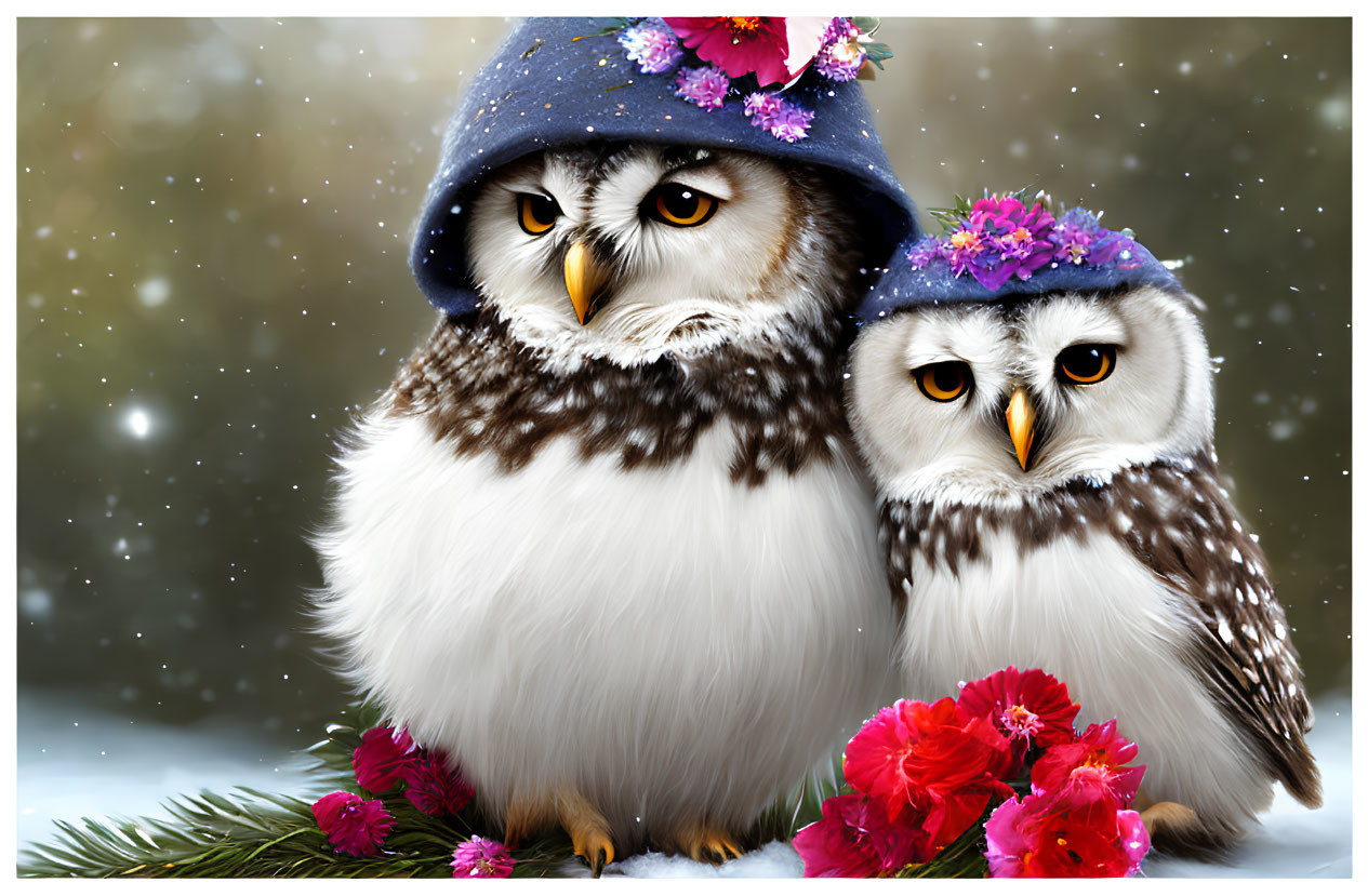 Illustrated owls with vibrant flower hats in snowy scene