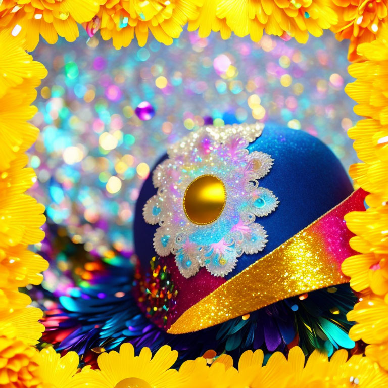 Colorful Festive Sombrero with Yellow Flowers and Glittering Background