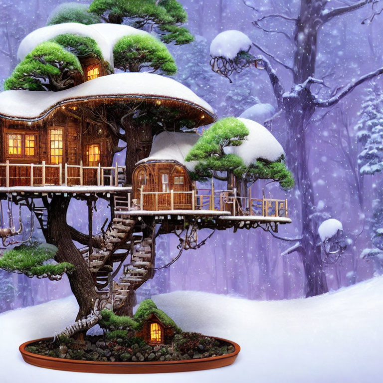 Snow-covered treehouse in serene winter forest with glowing lights