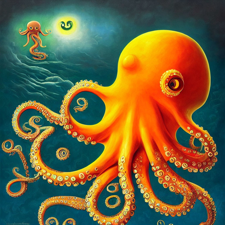 Colorful Underwater Octopus Illustration with Sun and Smaller Octopus