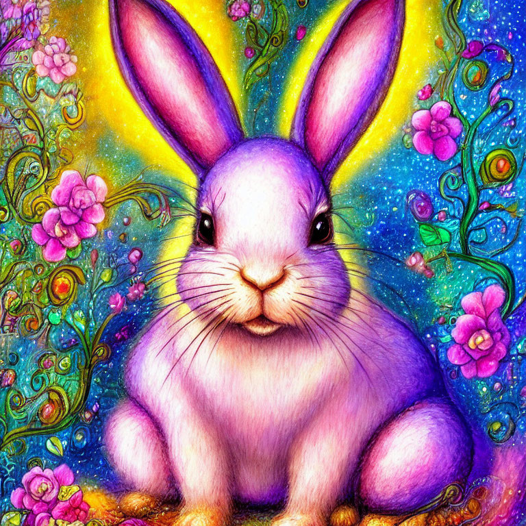 Colorful illustration: Purple rabbit among flowers with starry backdrop