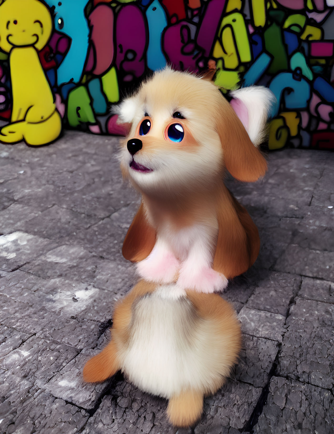 Colorful Cartoon Puppy Sitting in Front of Graffiti Art