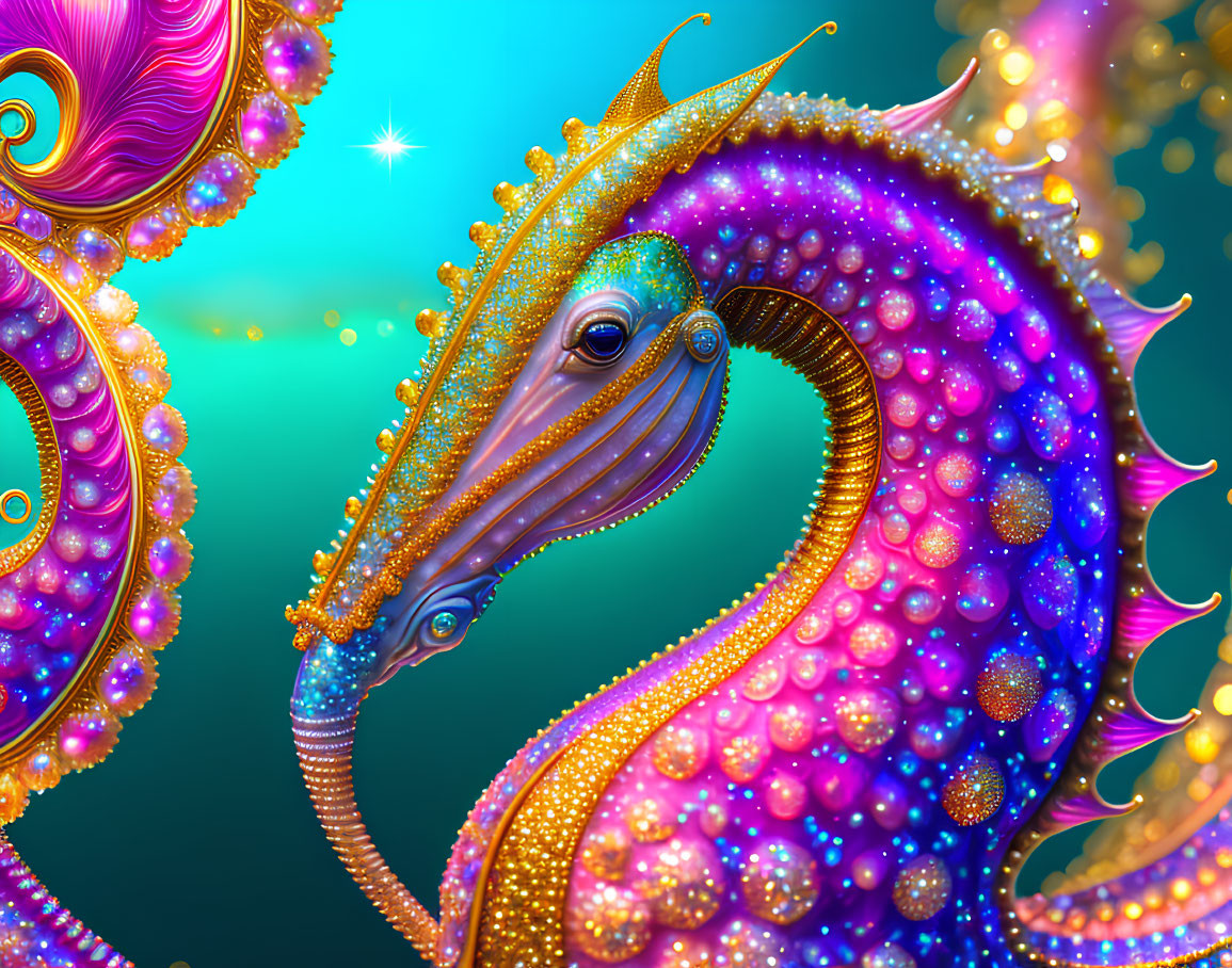 Colorful Digital Illustration of Ornate Seahorse on Teal Background