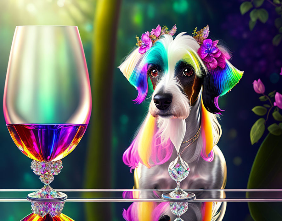 Vibrant dog portrait with multicolored fur and floral crown beside rainbow glass on reflective surface