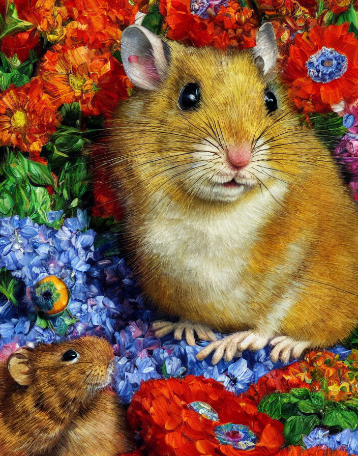 Detailed illustration of two hamsters in vibrant floral setting