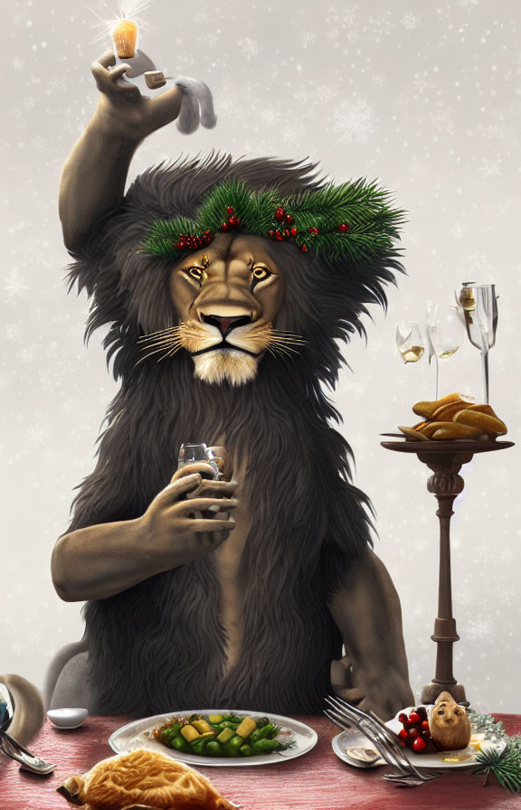 Anthropomorphic lion in Christmas wreath crown toasting at festive table