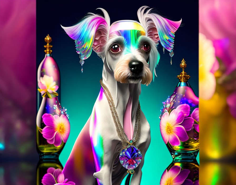 Colorful Dog with Fanciful Hair and Headband on Vibrant Background