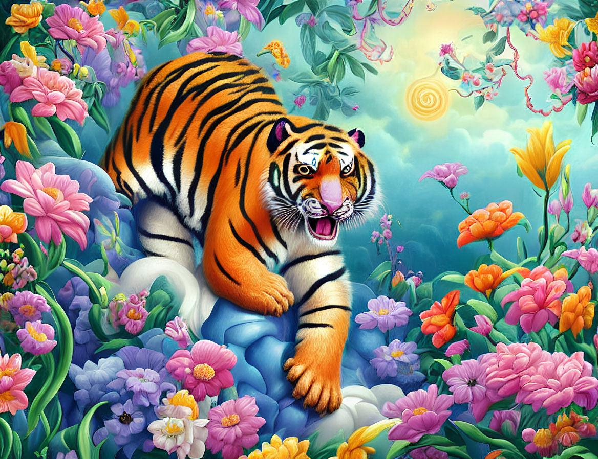 Colorful Tiger Illustration in Floral Setting with Swirling Clouds