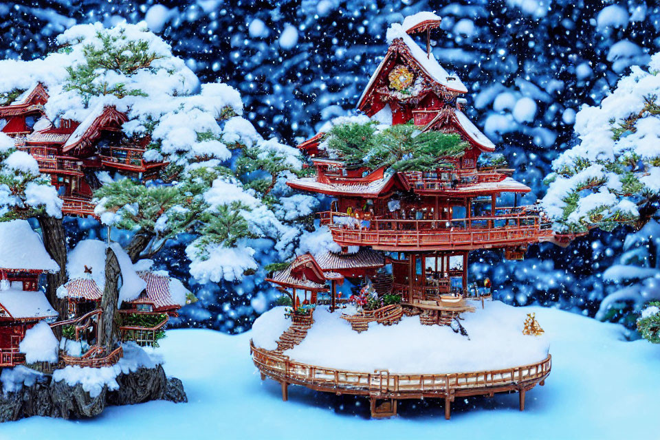 Snow-covered Japanese-style pagoda in pine tree forest during heavy snowfall