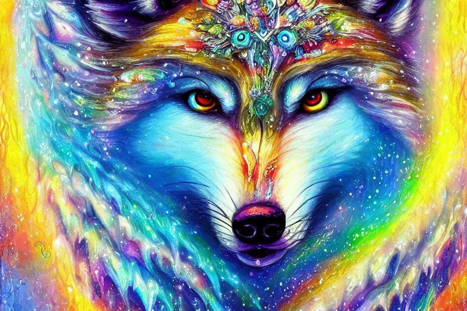 Colorful Wolf Face Digital Painting with Cosmic Background