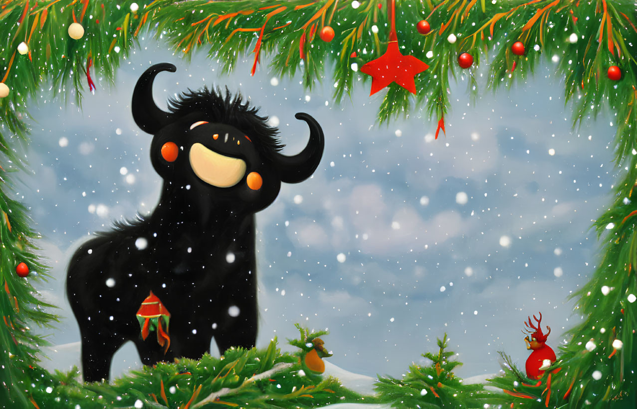 Cartoon yak in snowy Christmas scene with evergreen branches.