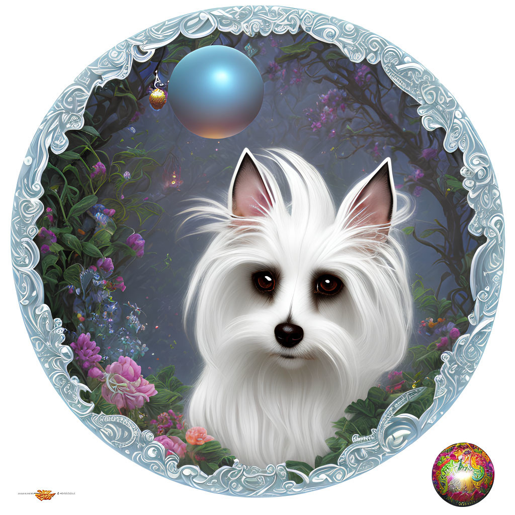 Illustration of fluffy white dog in floral circle on pastel background