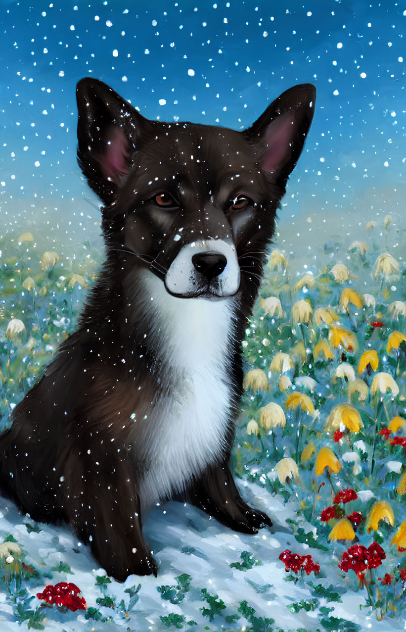 Brown and White Dog in Snowy Scene with Daisies and Red Berries