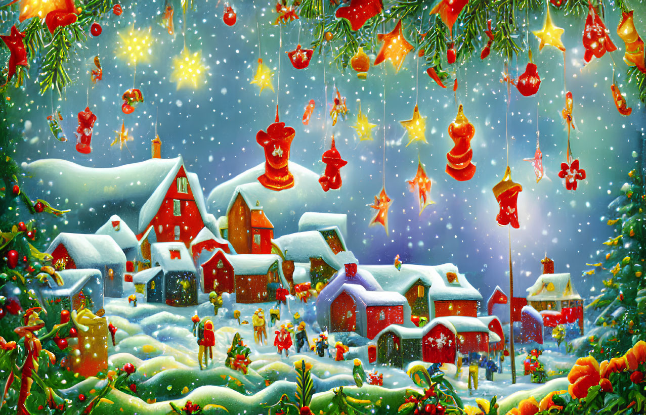 Snow-covered Christmas village with festive decorations under starry sky