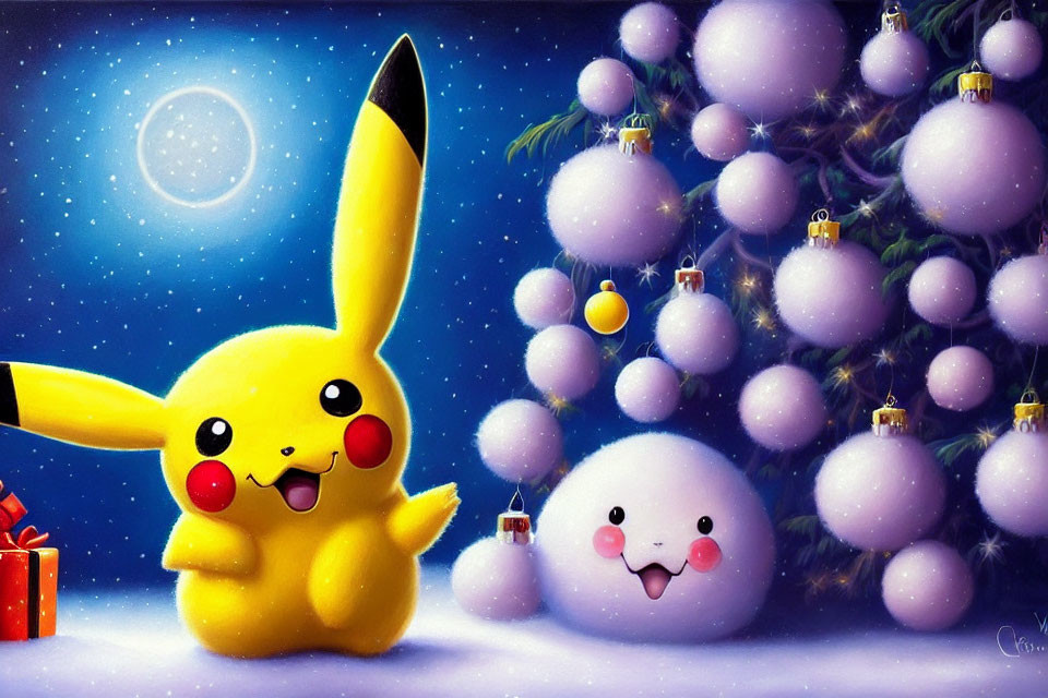 Festive Pikachu and snowball character by Christmas tree with lights and ornaments