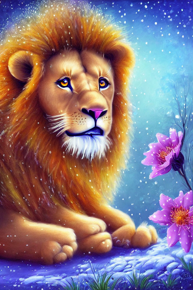 Regal lion painting with lush mane, snowflakes, and pink flowers on blue background