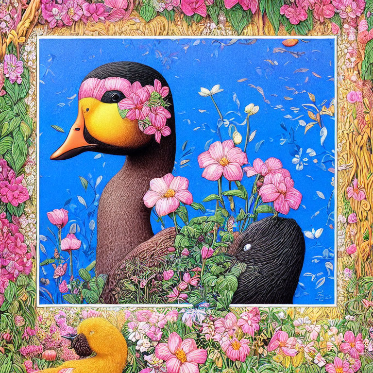 Colorful Ducks in Flower Field with Wheat and Floral Border