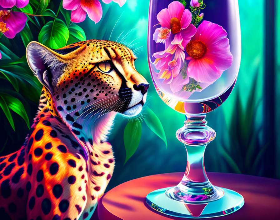 Surreal image of cheetah with wine glass body and flowers on tropical backdrop