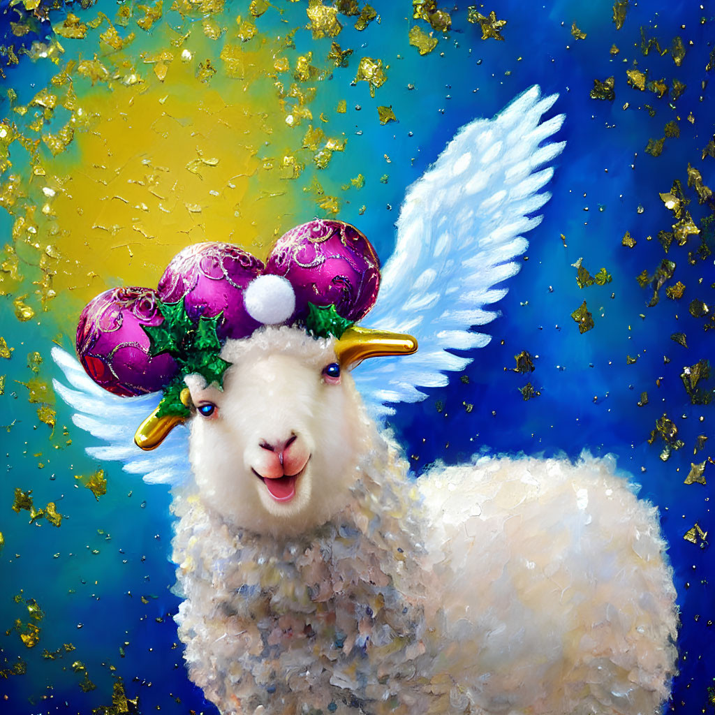 Colorful sheep painting with angel wings and horns on starry background