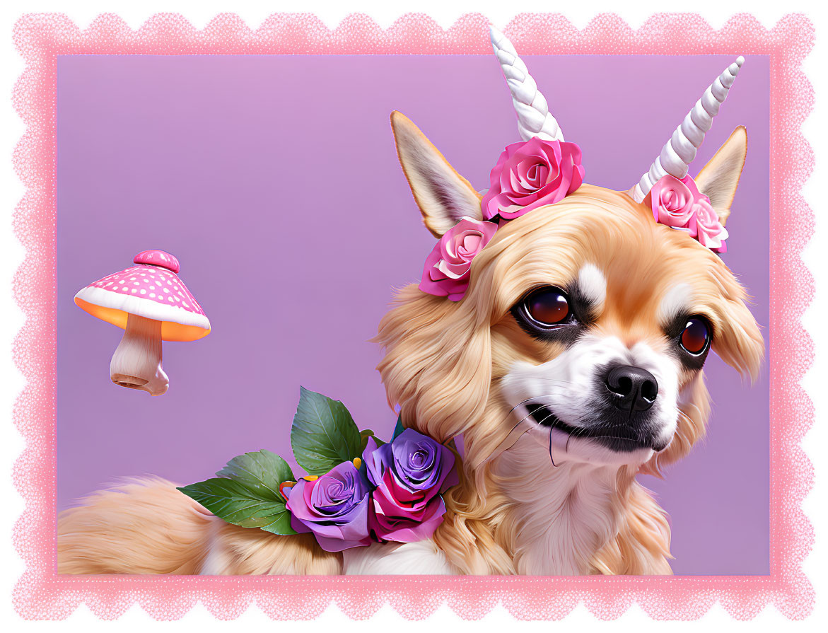 Whimsical dog with unicorn horns and roses on purple background with stylized mushroom