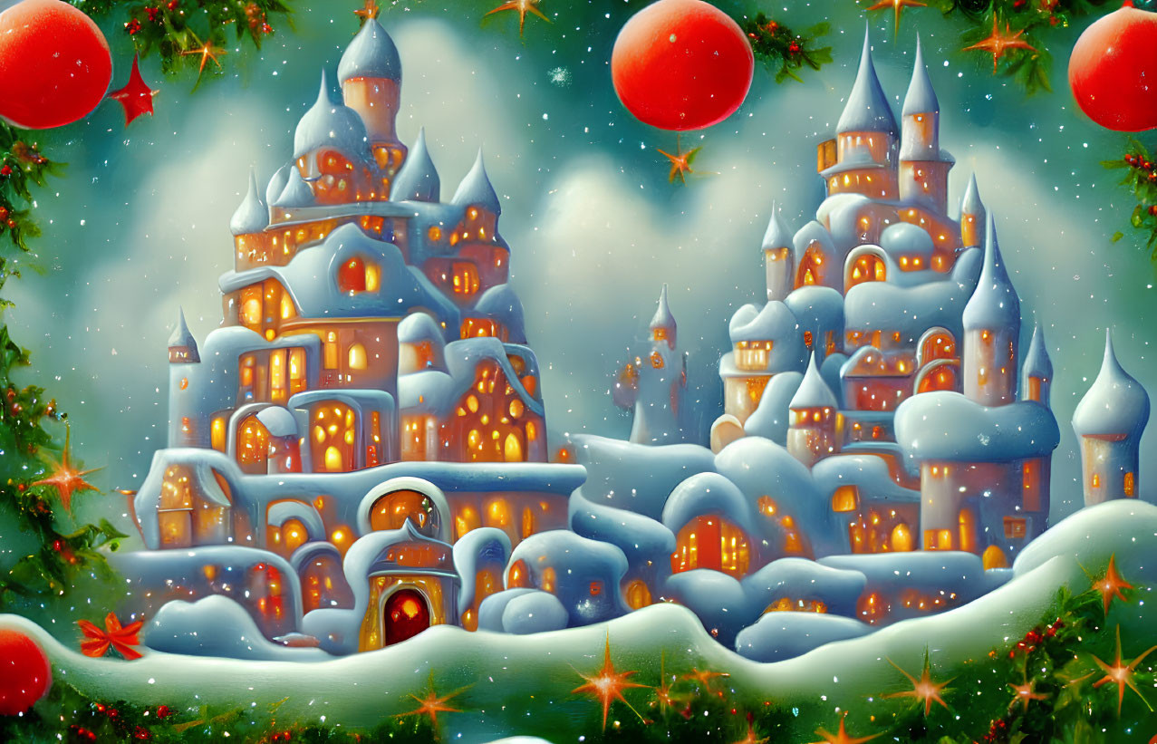 Fantasy Castles in Snowy Winter Scene