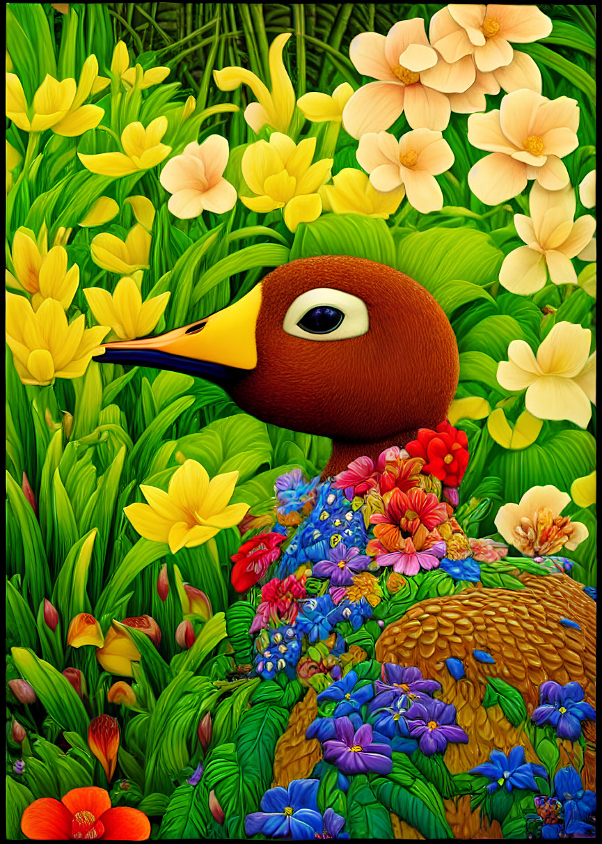 Colorful Duck Artwork Surrounded by Flowers and Foliage